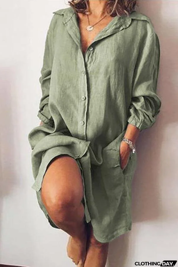 Solid Color Loose Double Pocket Long Sleeve Long Shirt