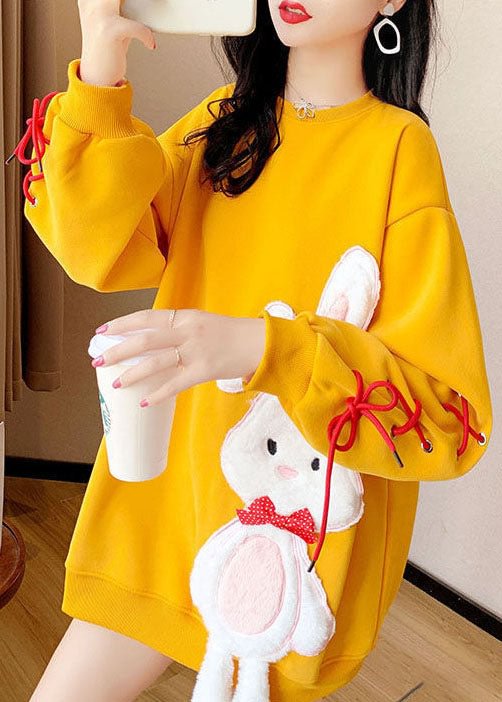 Hot Yellow Embroideried tie Thick Winter Sweatshirts Top CK2183- Fabulory