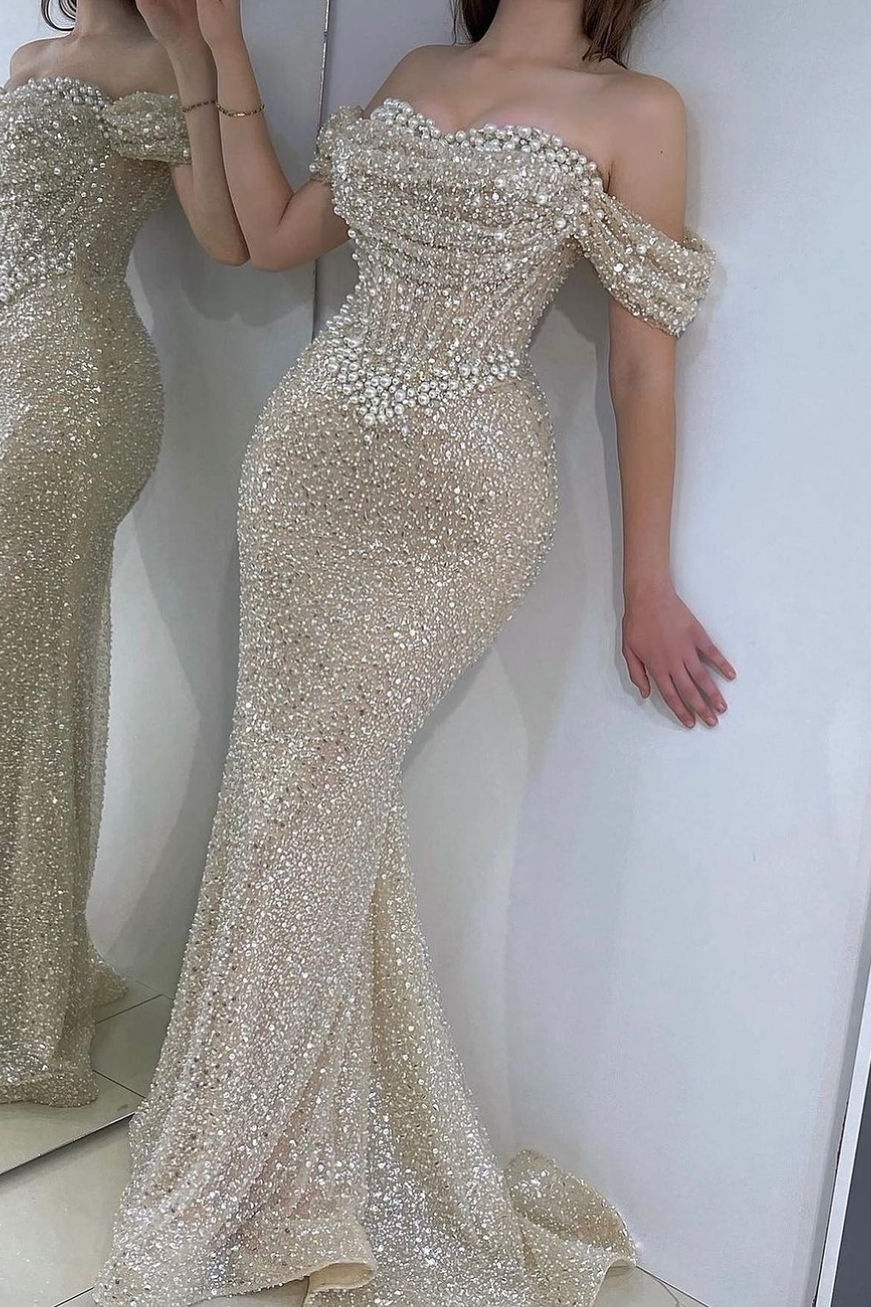Charming Champagner Prom Dress Off-the-shoulder With Sequins Risias