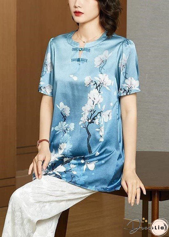 Style Sky Blue O-Neck Oriental Button Floral Print Silk Tank Top Short Sleeve