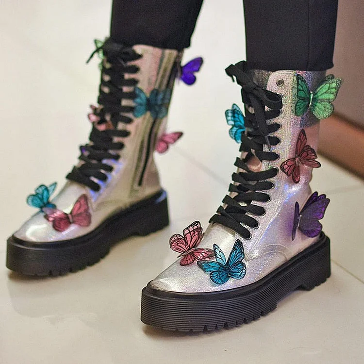Multicolor Butterfly Platform Transparent Block Heel Boots Vdcoo