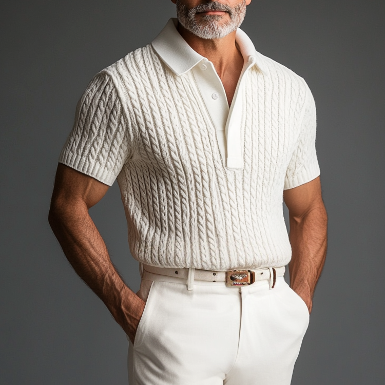 Men's Business Cable Knit Half Button Short Sleeve Polo Shirt