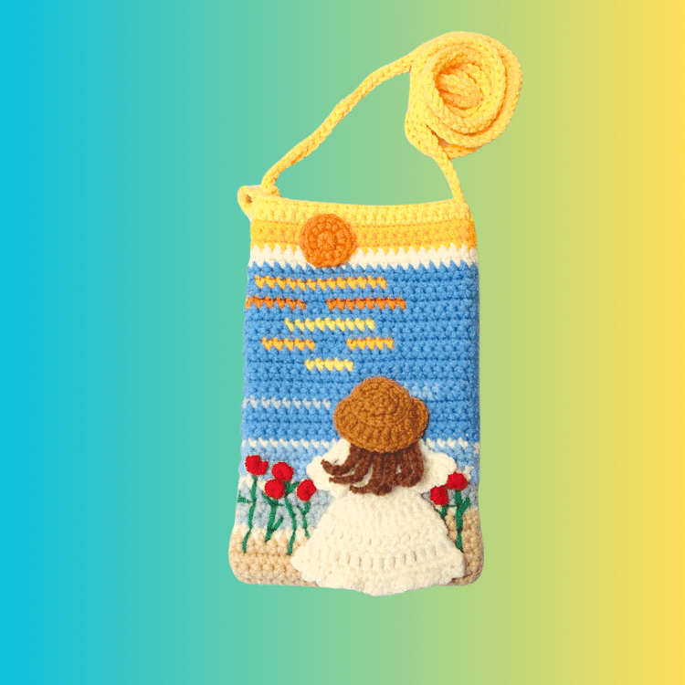 Lulusnow Handmade Blue Oil Painting Style Spring Girl Crochet Crossbody Bag Phone Bag