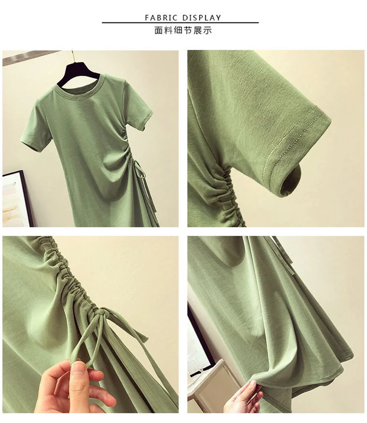 Uveng Uveng Green Dress 2024 Summer New Ins Waist Show Thin Rope Foreign Korean Version Student T-Shirt Skirt Female