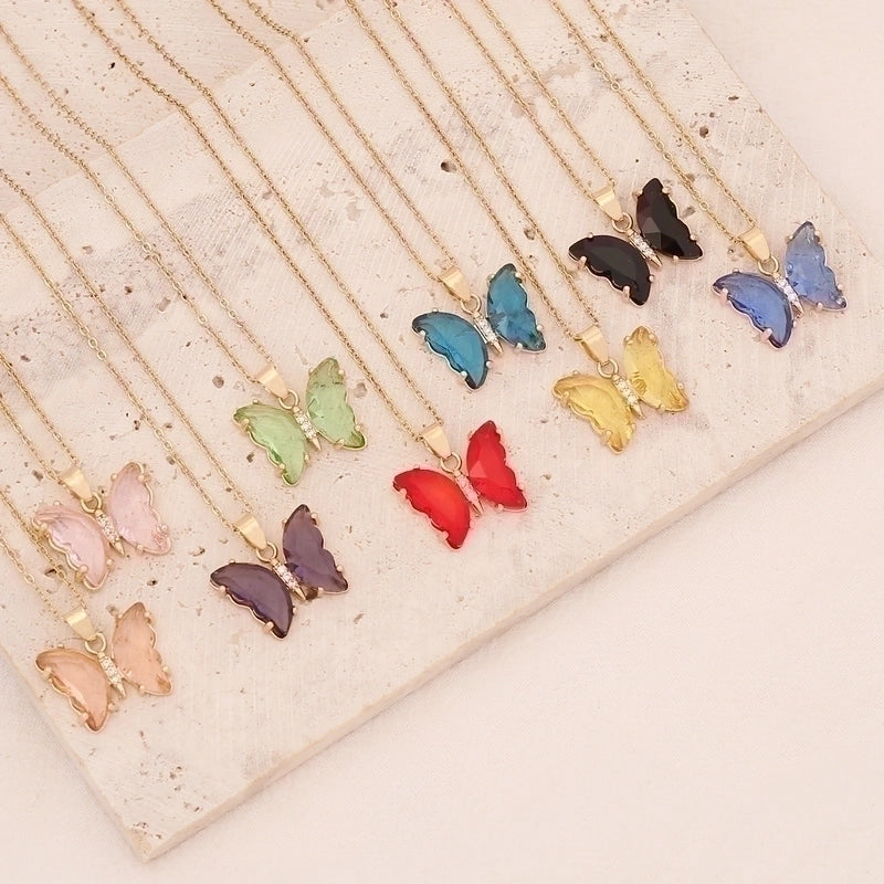 Stainless Steel 18K Gold Plated Fairy Style Inlay Butterfly Crystal Necklace