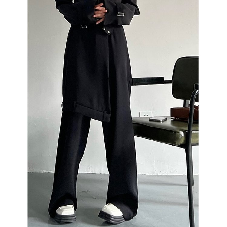 Fashion Solid Color Lapel Zip-up Crop Jacket & Asymmetrical Patchwork Straight Pants Two Pieces Set