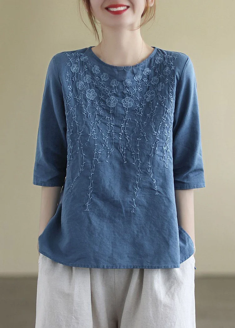 French Navy O-Neck Embroideried Cotton Blouses Half Sleeve