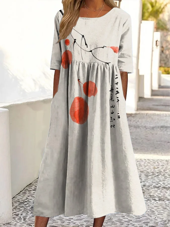Vintage Art Print Crew Neck Pocket Midi Dress