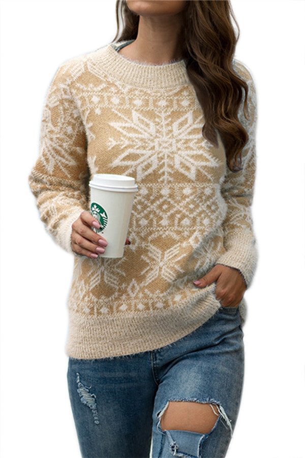 Christmas Snowflake Pullover Sweater Khaki-elleschic