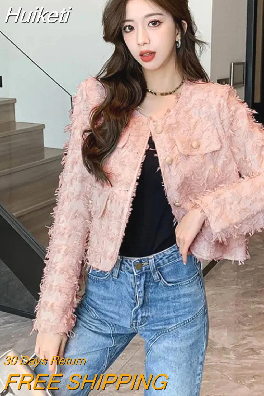 Huiketi Elegant Chic Pink Jacket Women Korean Fashion Design Short Coat Casual O Neck Office Lady Long Sleeve Fall Sweet Tops New