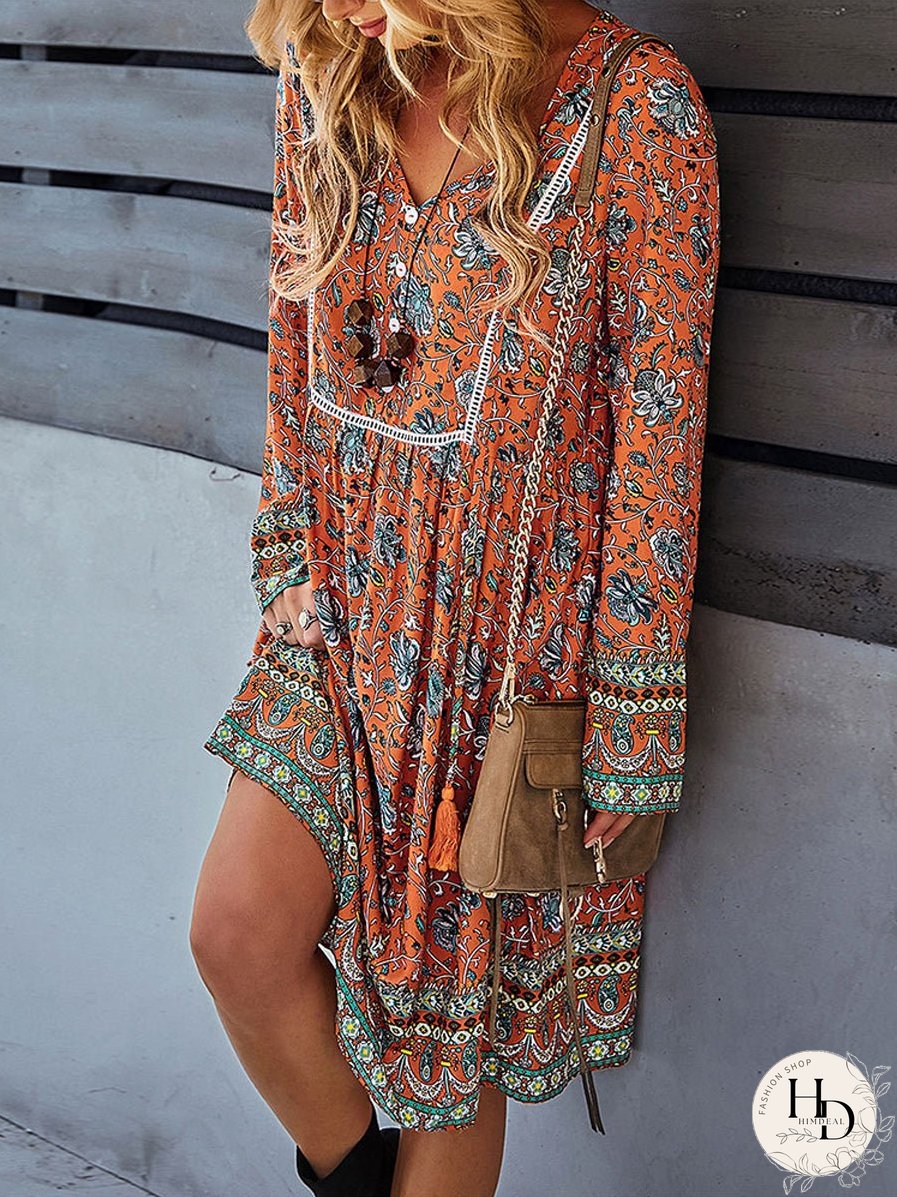 Bohemian Print V-Neck Knee Length Midi Dress