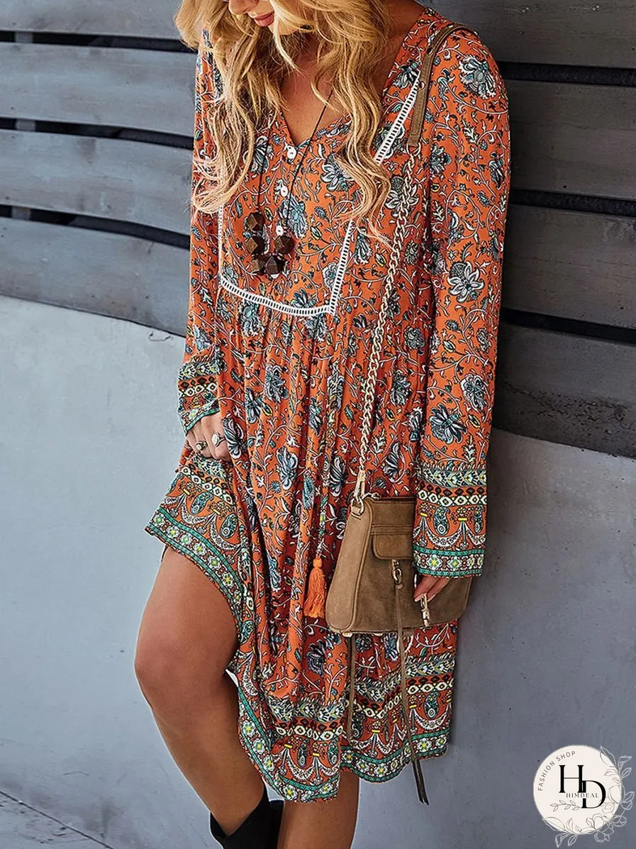 Bohemian Print V-Neck Knee Length Midi Dress