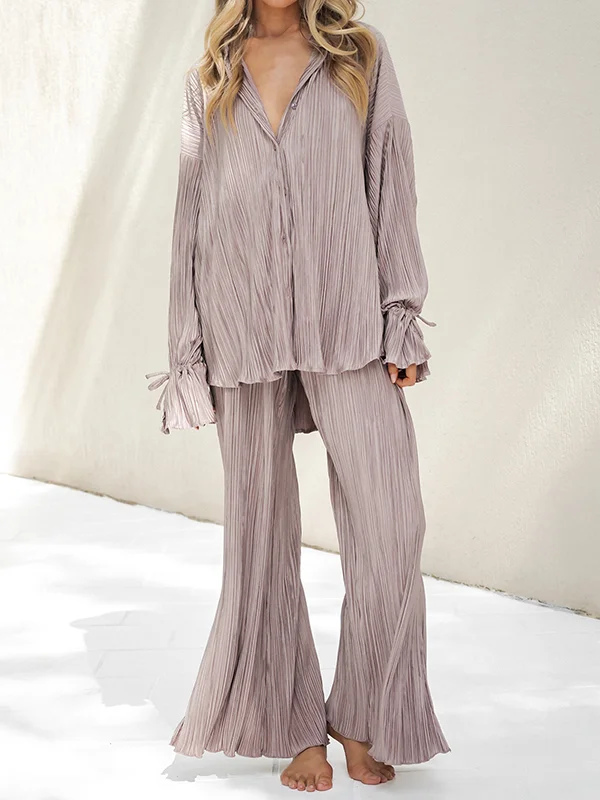 Solid Color Flared Sleeves Long Sleeves Buttoned Drawstring Pleated Split-Side Lapel Shirts Top + Pants Bottom Pajama Sets