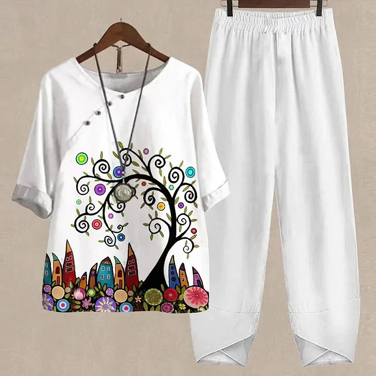 Casual Watercolor Print T-Shirt Two-Piece Set