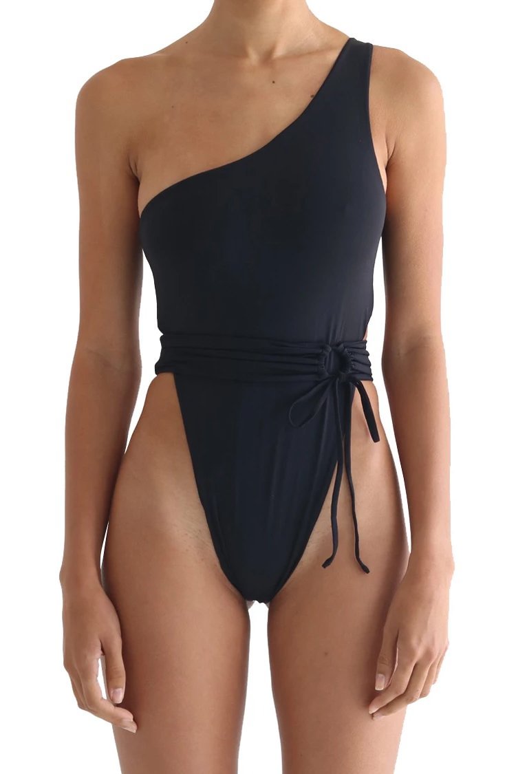 Sexy High Leg Belted One Shoulder One Piece Swimsuit-elleschic