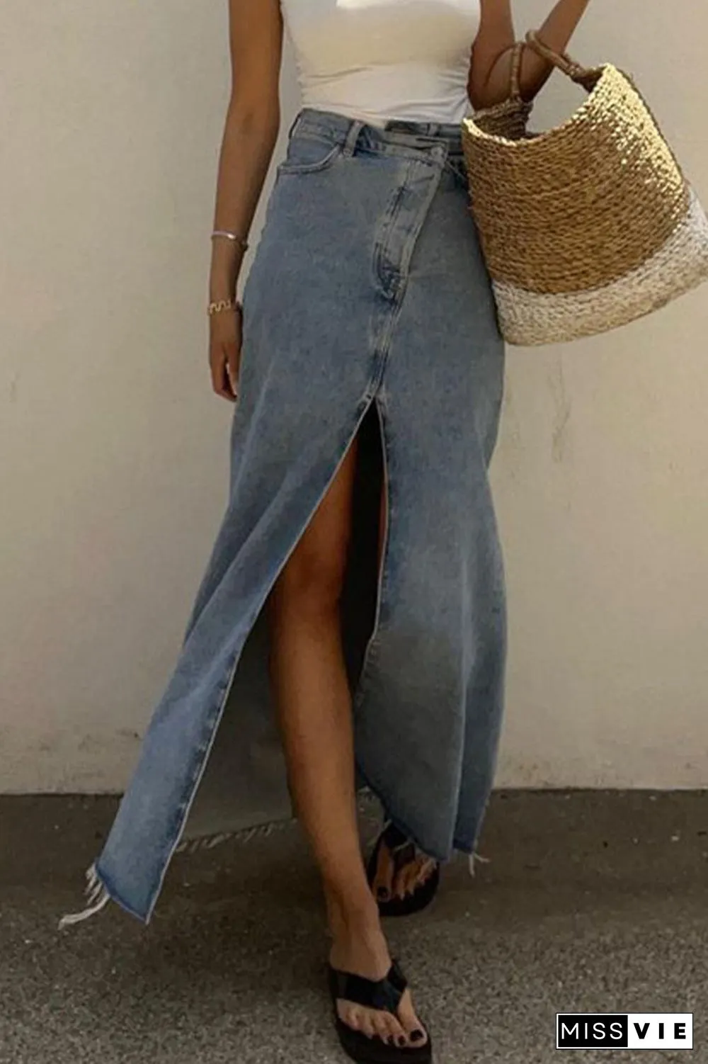 Elegant College Solid Slit Regular High Waist Solid Color Bottoms
