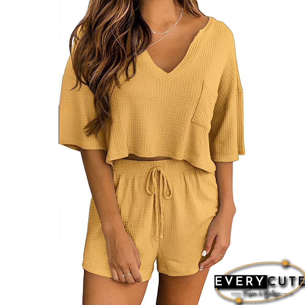 Yellow Waffle V Neck Pocket Top and Shorts Set