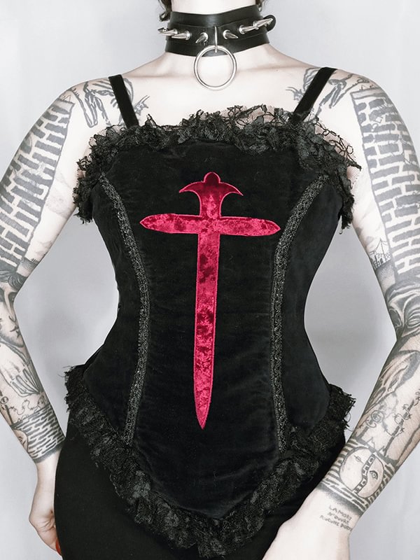 Dark Goth Cross Velvet Embroidered Spaghetti Straps Crop Top