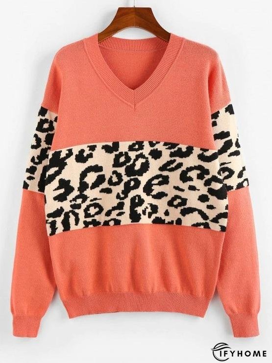 Leopard Insert Drop Shoulder V Neck Sweater | IFYHOME