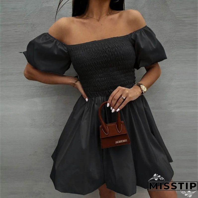 Women Elegant Puff Sleeve Mini Dress Sexy Off Shoulder Solid Party Dress Summer Sweet Lady Elastic Waist Beach Dresses Vestidos