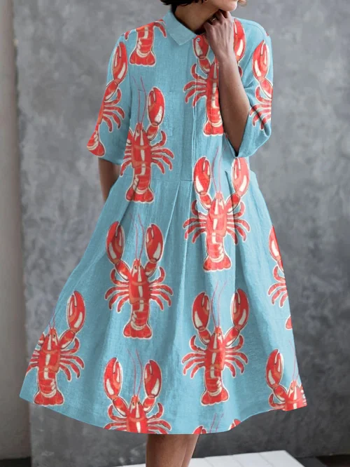 Holiday Abstract Lobster Print Casual Pocket Half Sleeve Dress