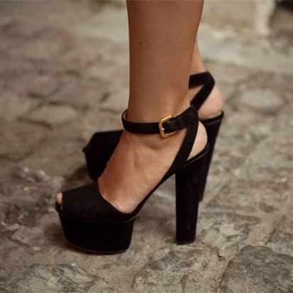 Black Chunky Heel Peep Toe Platform Sandals Vdcoo