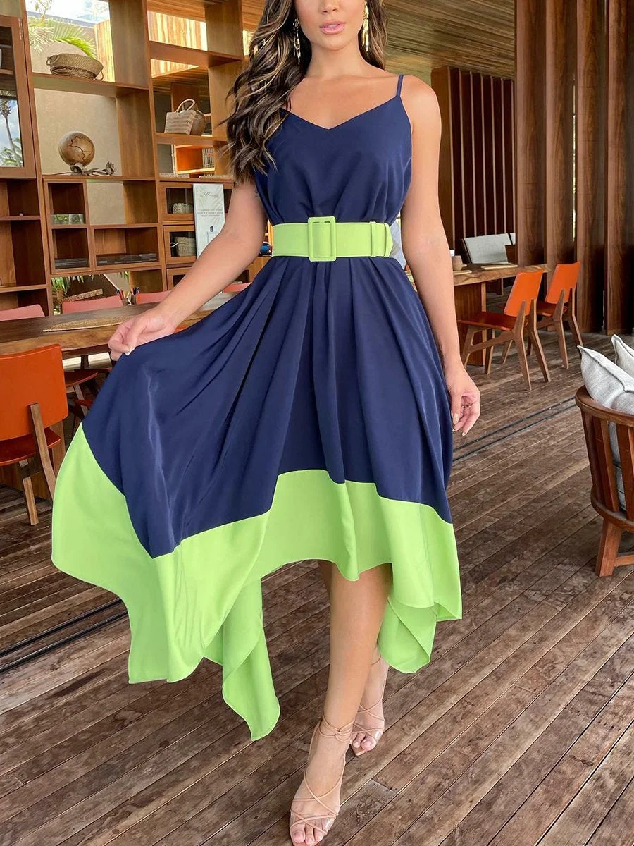 Colorblock slip dress with irregular hem