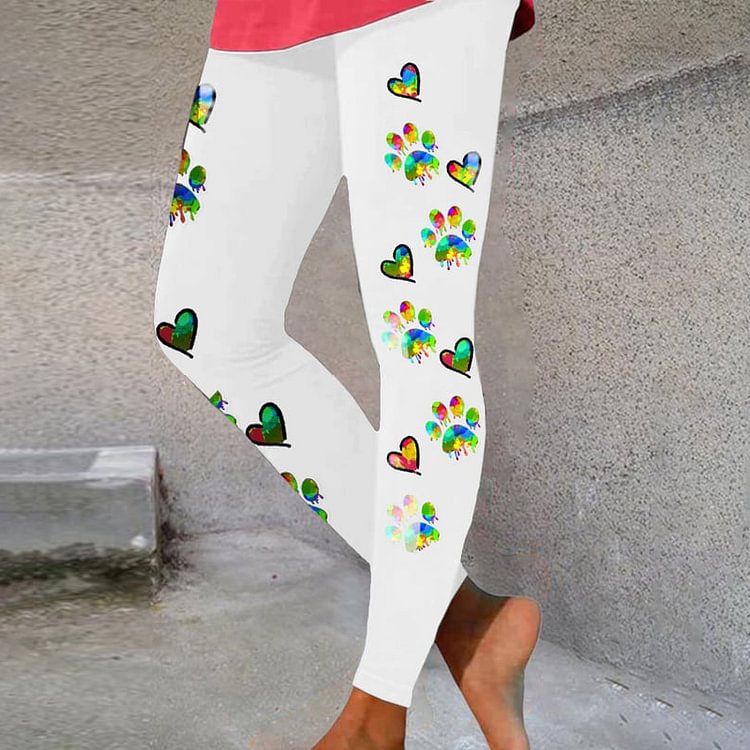 Comstylish Colorful Heart Dog Paw Print Casual Leggings