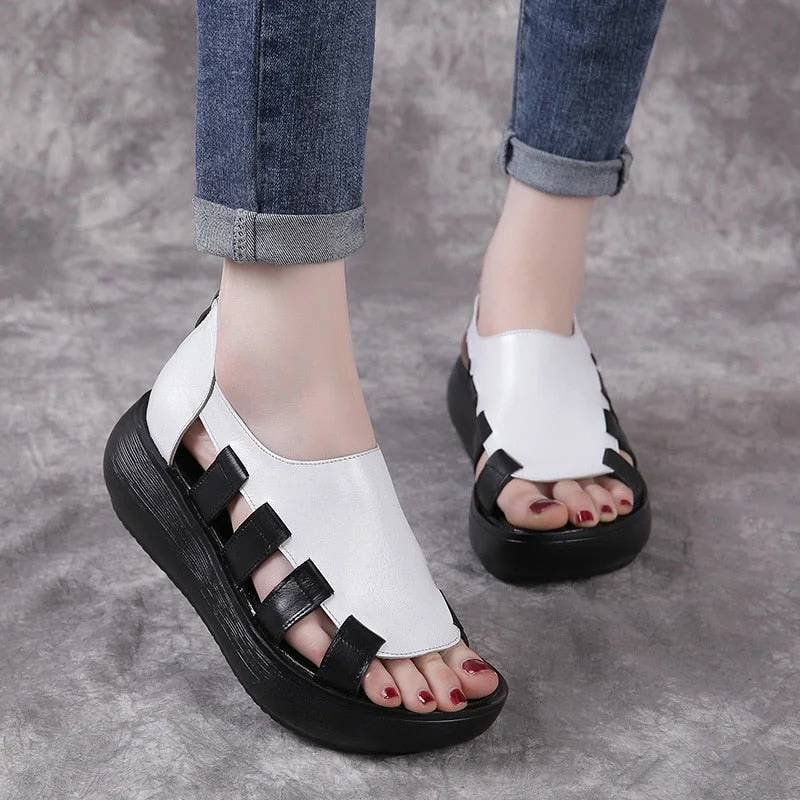 GKTINOO 2022 Summer Genuine Leather Flat Platform Sandals For Women Hollow Out Mixed Colors Breathable Peep Toe Ladies Sandals