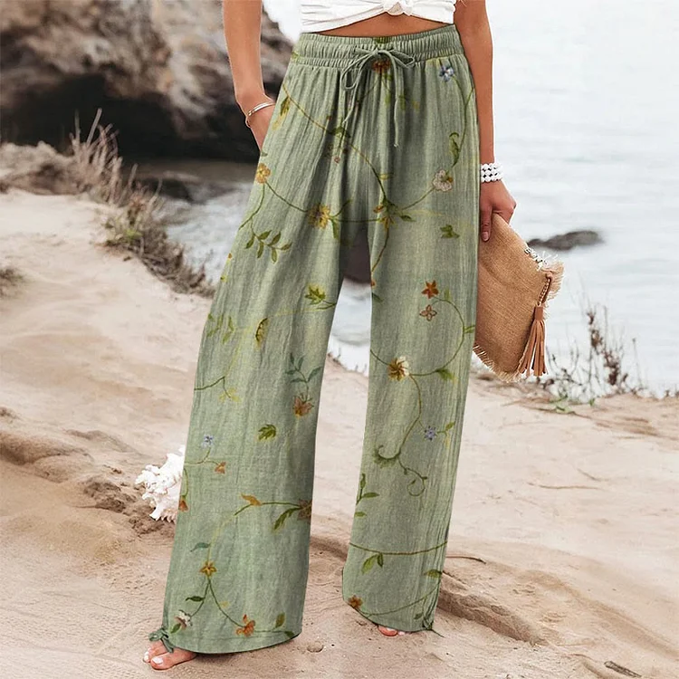 Women's Casual Vintage Floral Print Wide Leg Pants