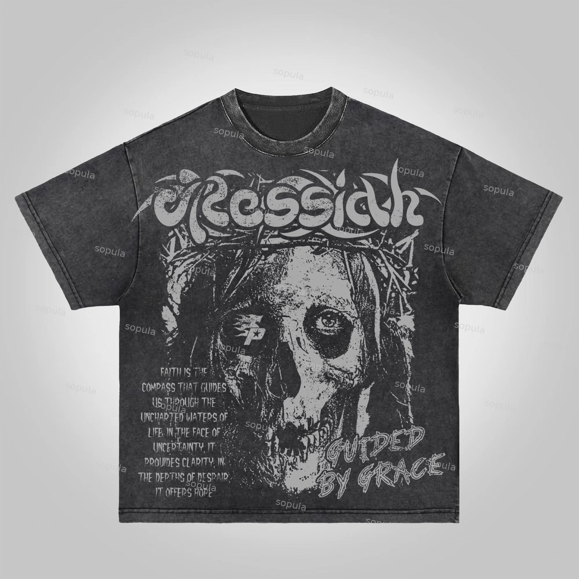 Sopula Vintage Skull Jesus Faith Graphic Acid Washed T-shirt