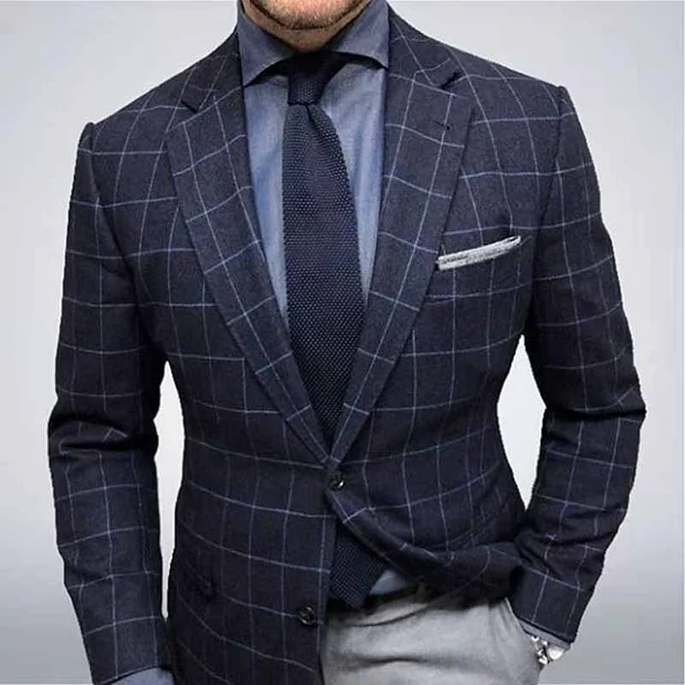 Men's Business Plaid Notch Lapel Welt Pocket Long Sleeve Blazer