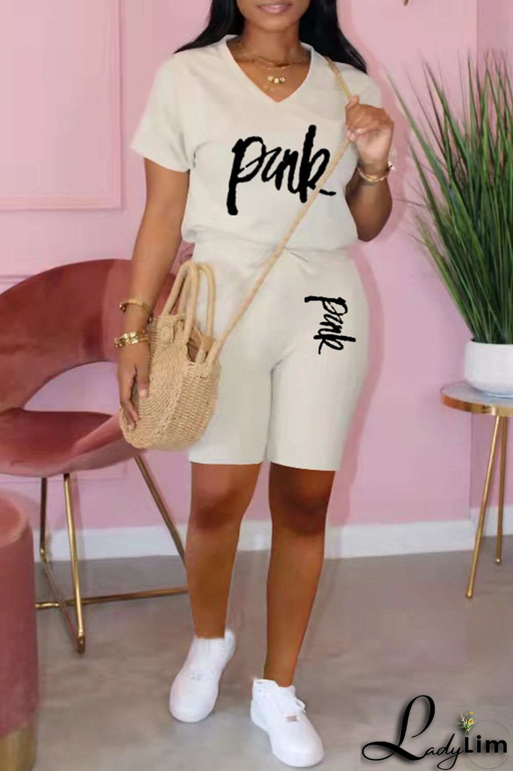 Black Fashion Casual Letter Print Basic V Neck Short Sleeve Two Pieces