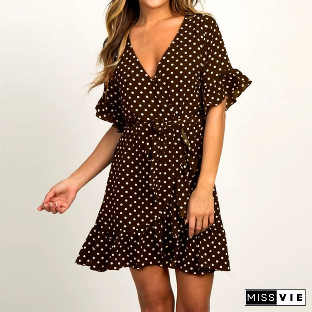 Women's Fashion Boho Chiffon Dress Ladies Polka Dot Beach Dress