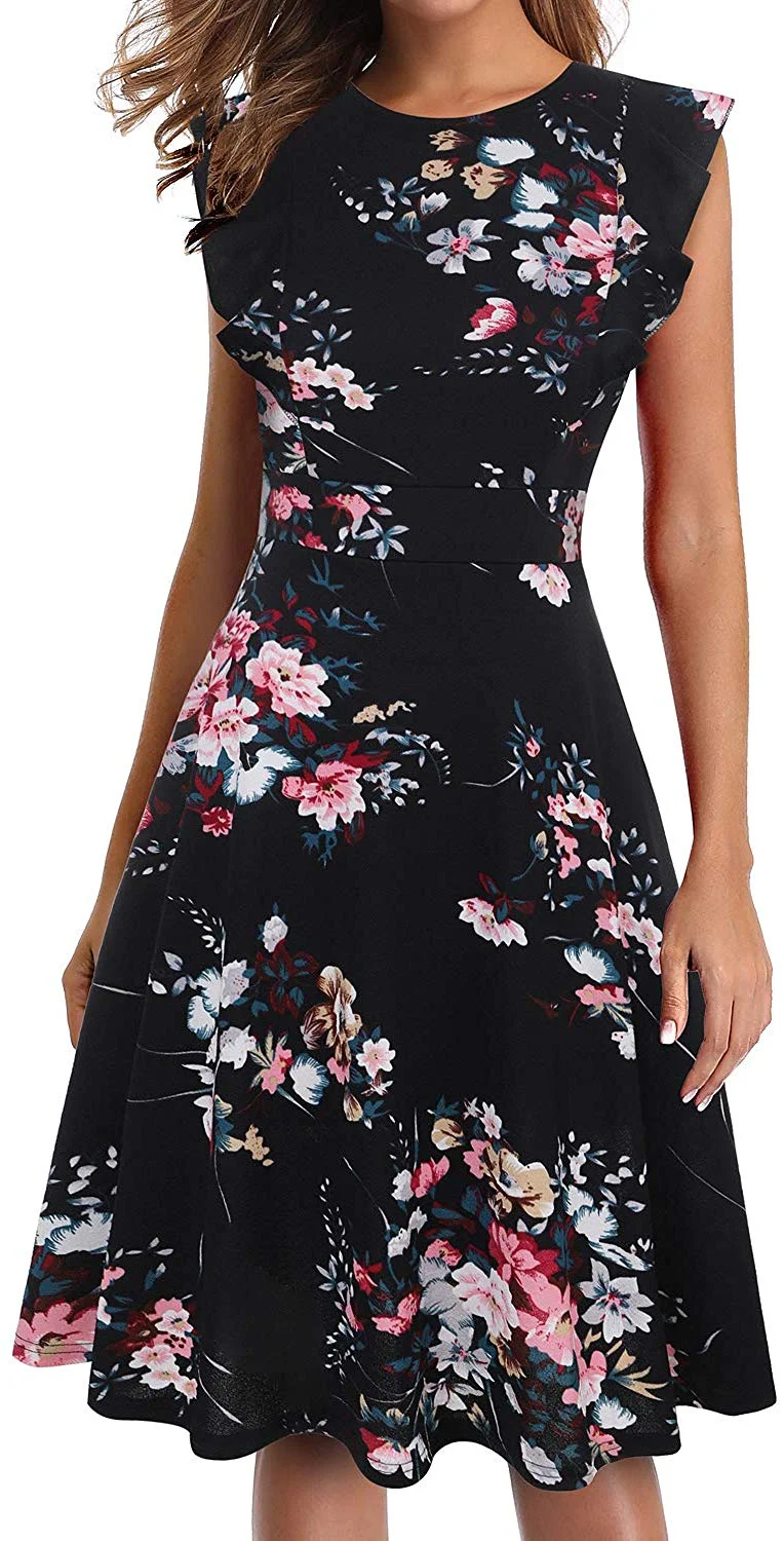 Vintage Ruffle Floral Flared A Line Swing Casual Cocktail Party Dresses for women