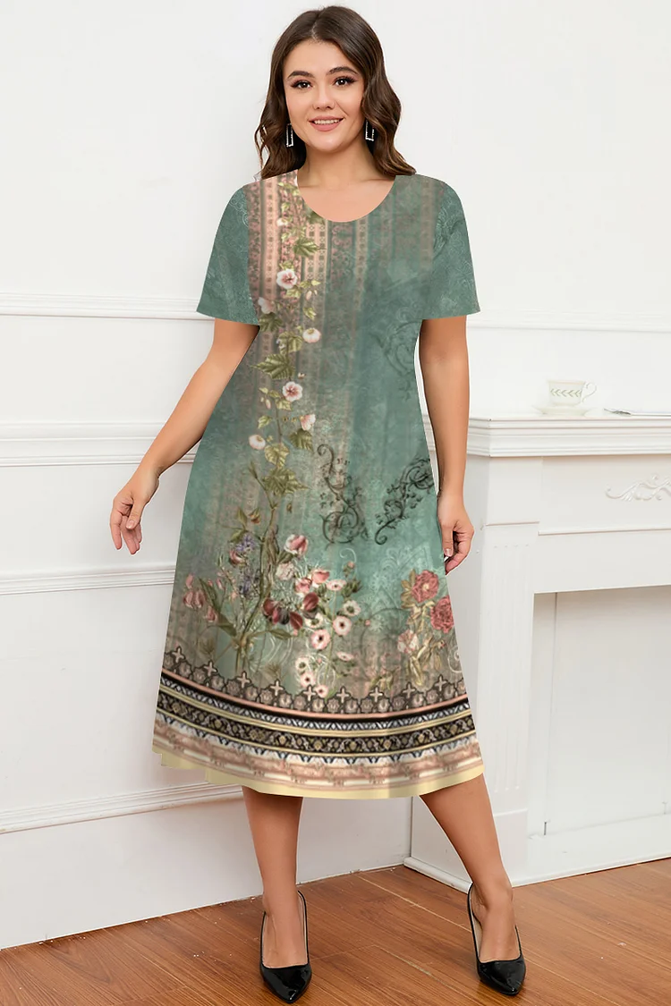 Flycurvy Plus Size Casual Peacock Green Retro Boho Print Tea-Length Dress  Flycurvy [product_label]