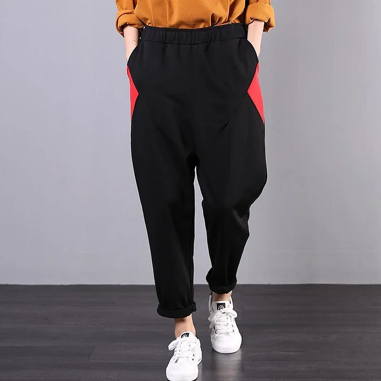New stitching wild elastic waist cropped casual black pants
