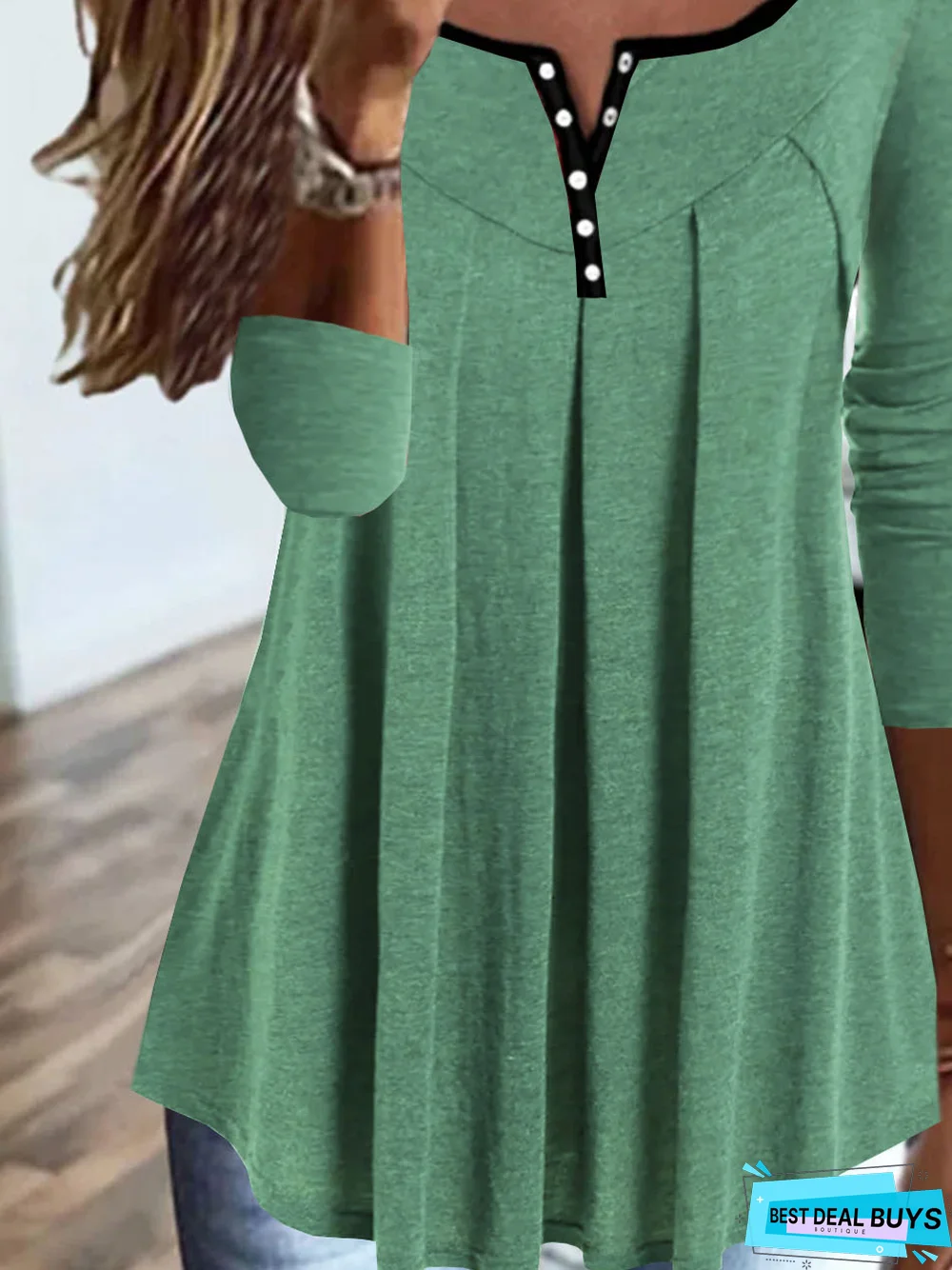 Womens Tops Casual Plain Pleated Contrast Color-block Long-sleeve Jersey Loose Tunic Shirts