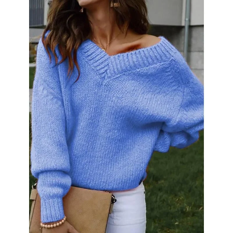 Women V-Neck Solid Casual Sweater