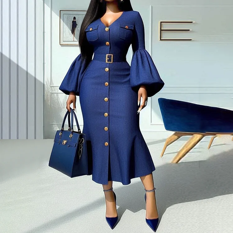 Formal Denim Lantern Sleeve V Neck Button Belt Midi Dress