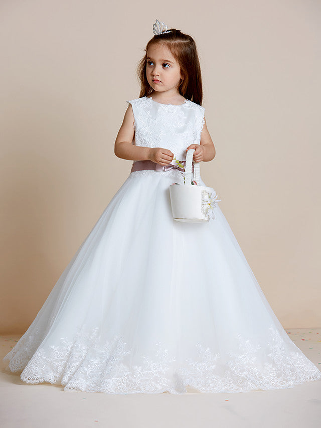 Oknass A-Line Sleeveless Jewel Neck Flower Girl Dresses Satin Tulle With Sash Ribbon  Bow Appliques
