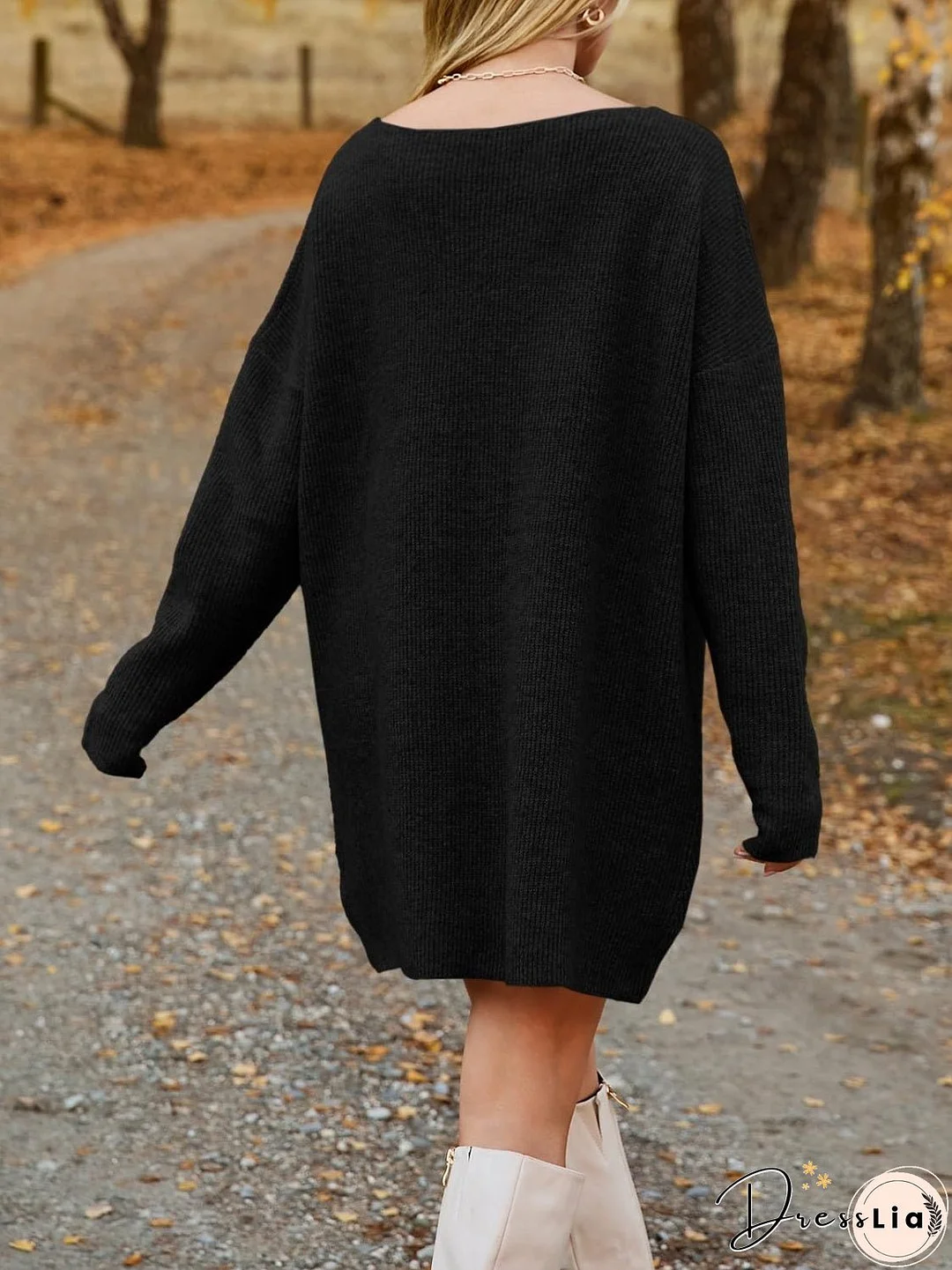 V-Neck Dropped Shoulder Sweater Dress