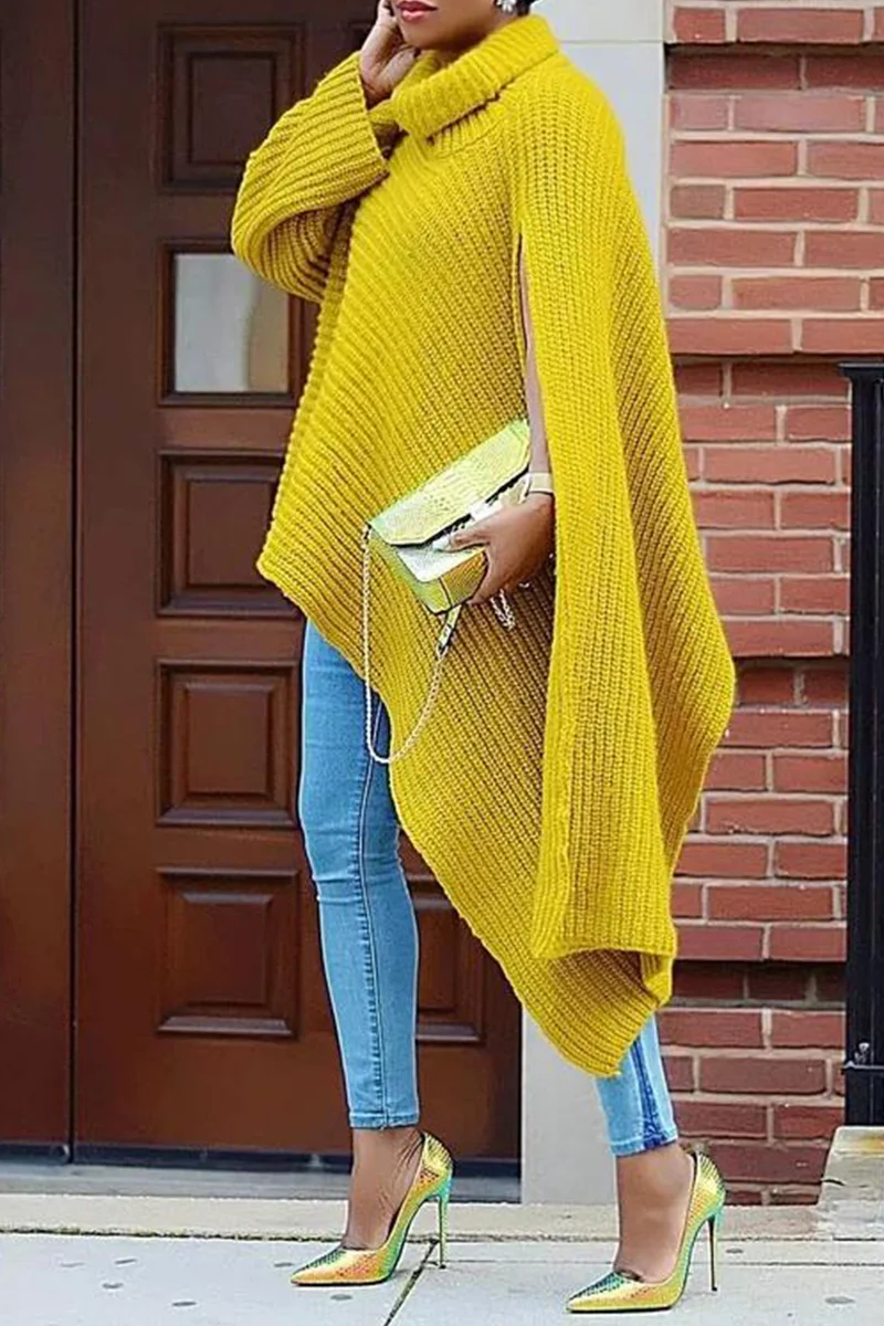 Yellow Fashion Casual Solid Slit Turtleneck Tops | EGEMISS