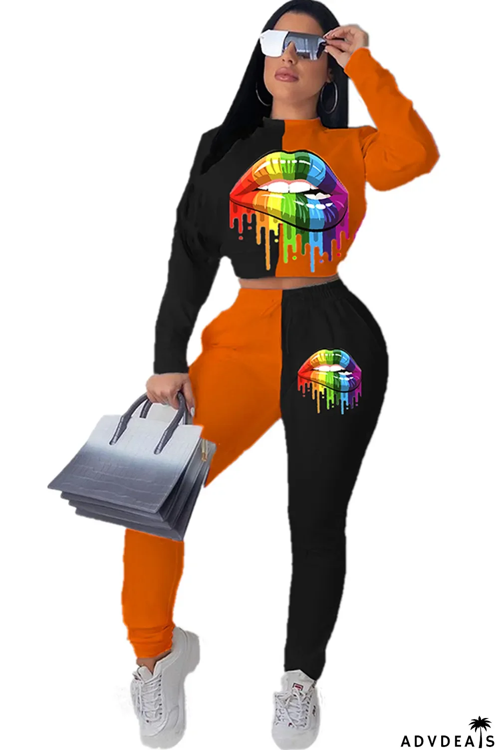 Red Celebrities Two Piece Suits Print Straight Long Sleeve Two-piece Pants Set