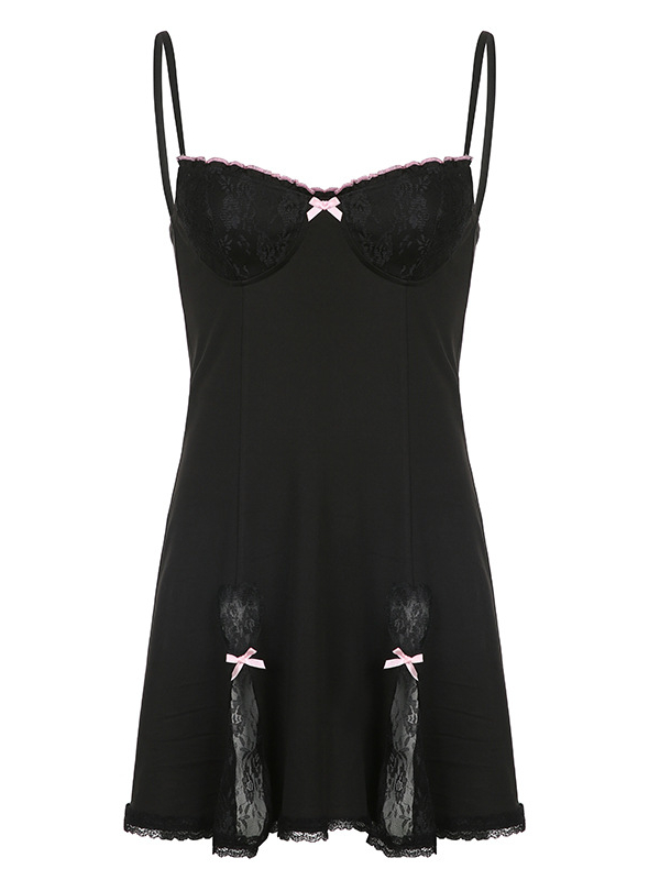 Gothic Dark Sexy Spaghetti Lace Embossed High-rise A-line Bodycon Mini Dress