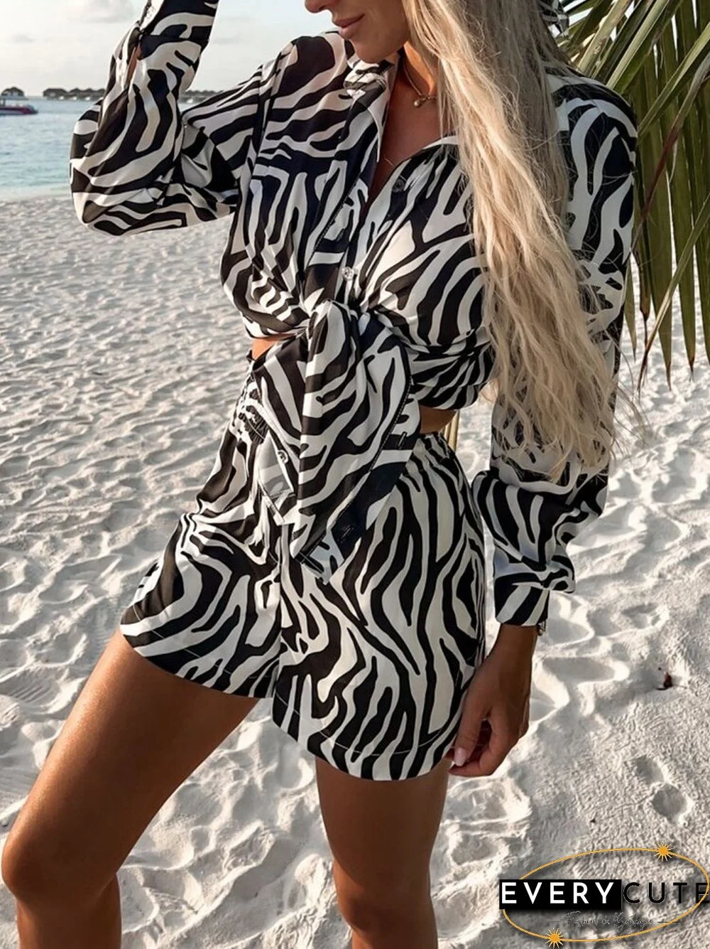 Vintage Print 2 Piece Suit Women Long Sleeve Lapel Single Breasted Shirt + High Waist Shorts Sets Casual Ladies Loose Beach Suit