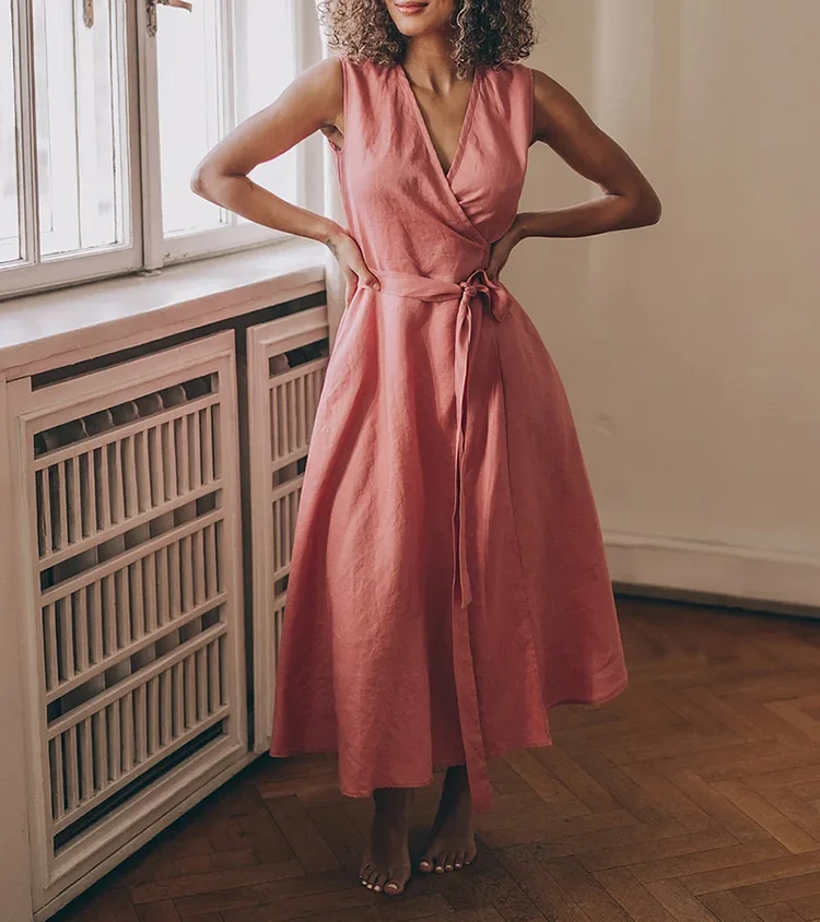 Elegant Solid Color Linen  Maxi  Dress In Pink