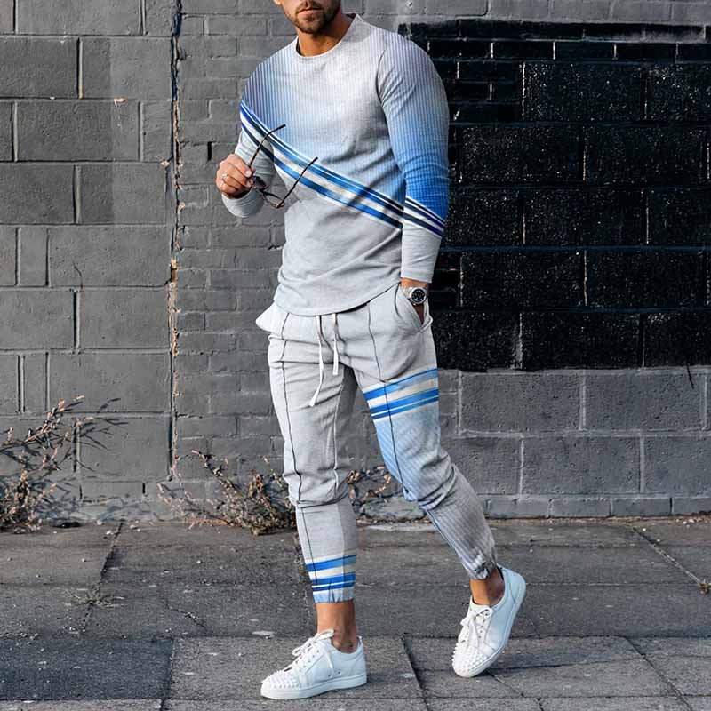 Fashion Blue Line Gradient Long Sleeve T-Shirt And Pants Co-Ord