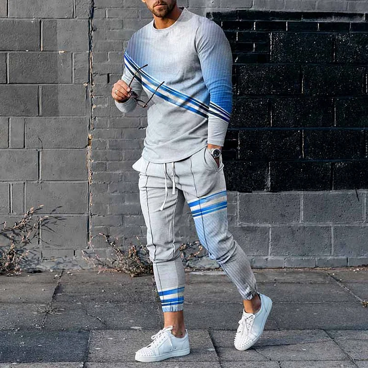 BrosWear Fashion Blue Line Gradient Long Sleeve T-Shirt And Pants Co-Ord