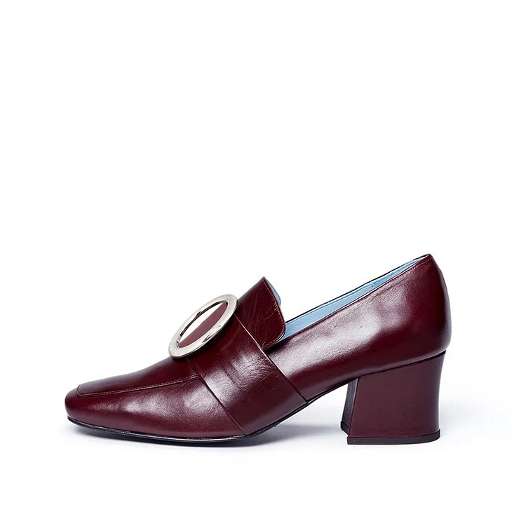 Burgundy Square Toe Block Heel Metal Circle Loafers for Women |FSJ Shoes